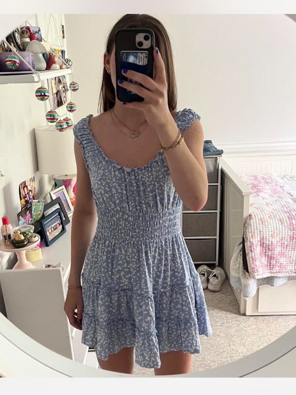 Ocean Drive Light Blue Floral Smocked Mini Dress
